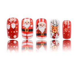 Christmas Press on Nails Red Fake Nails Medium Square False Nails with Santa Claus Designs Snowflakes Elk Glue on Nails Christmas Stick on Nails Full Cover Winter Acrylic Nails Glossy Artificial Nails