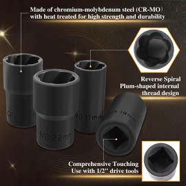 SPEEDWOX 1/2 Inch Drive Impact Lug Nut Socket 5Pcs Lug Nut Remover Extractor Tool Locking Lug Nut Removal Tools 17Mm 19Mm 21Mm 22Mm Stripped Bolt Remover Lug Nut Extractor Set