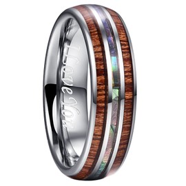 Phyonio Tungsten Rings for Men Wood Wedding Ring Silver Rings with Abalone Shell Inlay Koa Rings Promise Ring Engagement Band Dome Style Size 11.5