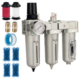 PUDUSI Industrial Grade 3 Stage Air Drying System - Particulate Filter, Coalescing Filter, Desiccant Dryer & Air Regulator, Metal Bowl, Suitable For Paint Spray & Plasma Cutter (3/4" NPT,Manual Drain)