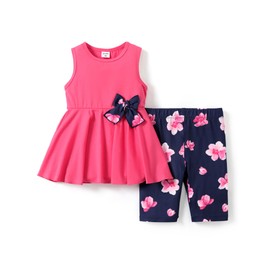 PATPAT Little Girls Clothes Hot Pink Butterfly Pleated Hem Design Sleeveless Dress Top and Allover Floral Print Short Set Girls Clothes Size 6/7