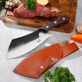 SHANGDAO 7.5" Butcher Knife, Upgraded Serbian Chef Knife, Meat Cleaver Knife for Meat Cutting with Sheath Full Tang Kitchen Chopping Knife for Home, Outdoor Cooking