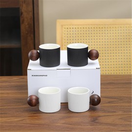 Xiaokangpao 4Pcs Ceramic Vertical Stripes Mini Cups,Easy to Clean,Espresso Cups with Round Wooden Handle,Elegant Tea Cups for Home(2Black and2 White)