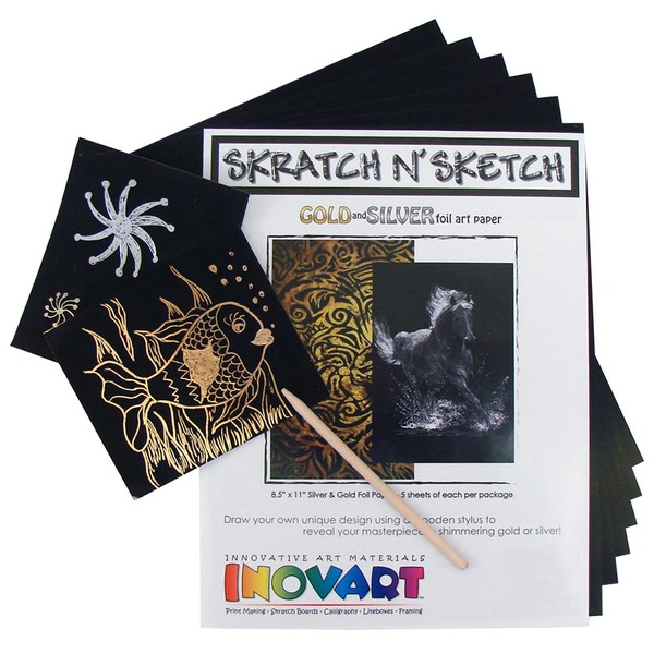 INOVART Scratch Paper, 5 Sheets Gold and 5 Sheets Silver Foil, 8-1/2" x 11"