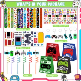 Video Game Party Favors 72 PCS Game Theme Slap Bracelets DIY Stickers Keychains Tattoo Stickers Plastic Straws Gift Bags for Kids Boys Game On Party Level Up Birthday Party Goodie Bag Fillers Classroom Reward
