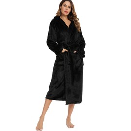 Vlazom Ladies Dressing Gowns, Fluffy Fleece Hooded Robes Comfy Flannel Bathrobe,Black-with Hooded,L(UK16-18)