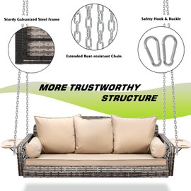 Grepatio Wicker Hanging Porch Swing - Outdoor 3 Person Patio Swing Bench with Cushion & Chains - 3-Seat Porch Swing Chair with Cup Holder for Garden, Yard, Lawn (Khaki Grey Rattan)