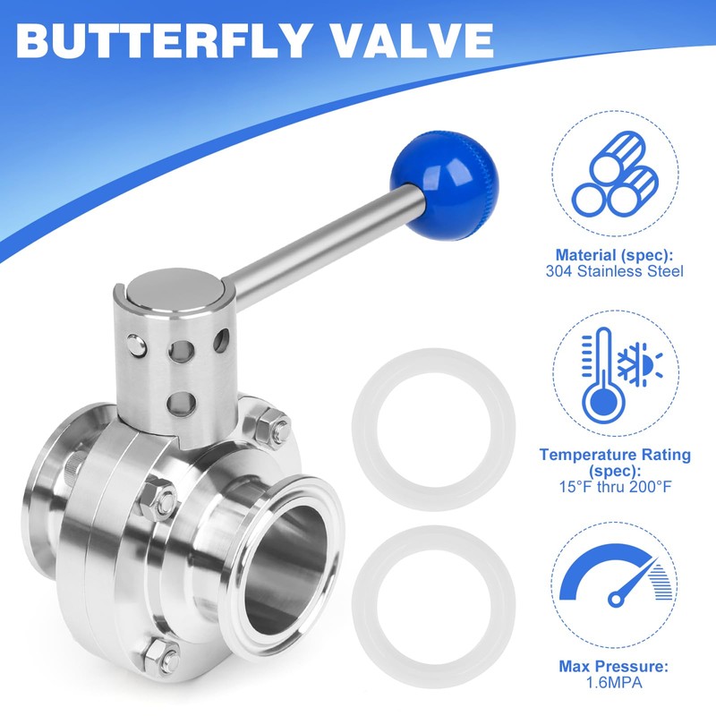 JMCOLMT 1.5 Inch Butterfly Valve Sanitary 2 Pcs Stainless Steel