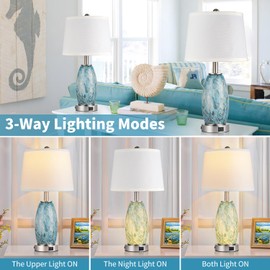Lovlast Table Lamps Set of 2 with 3-Way Lighting Modes, USB & Type C Ports - Coastal Modern Style Glass Nightstand Lamps for Living Room & Bedroom Decoration (23.5" H)