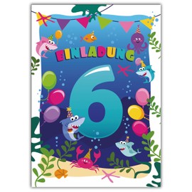 6 Invitation Cards for 6th Sixth Children's Birthday Girls Boys Shark