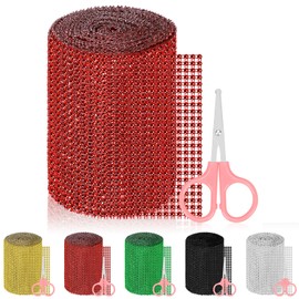 Glarks 3pcs Red Rhinestone Ribbon Set, 120mm X 4.5 Yards 24 Rows Plastic Rhinestone Mesh Fabric with 2pcs Tools, Bling Rhinestone Ribbon, Sparkling Bling Wrap Ribbon for Arts Crafts Party Decoration