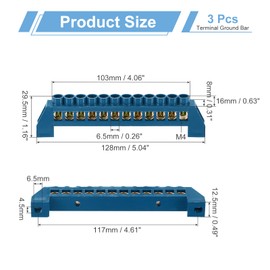 sourcing map 3 Pcs Terminal Ground Bar, 12 Positions Screw Brass Terminal Bus Bar, 8x16mm Ground Terminal Block for Electrical Equipment, Distribution Box, Blue