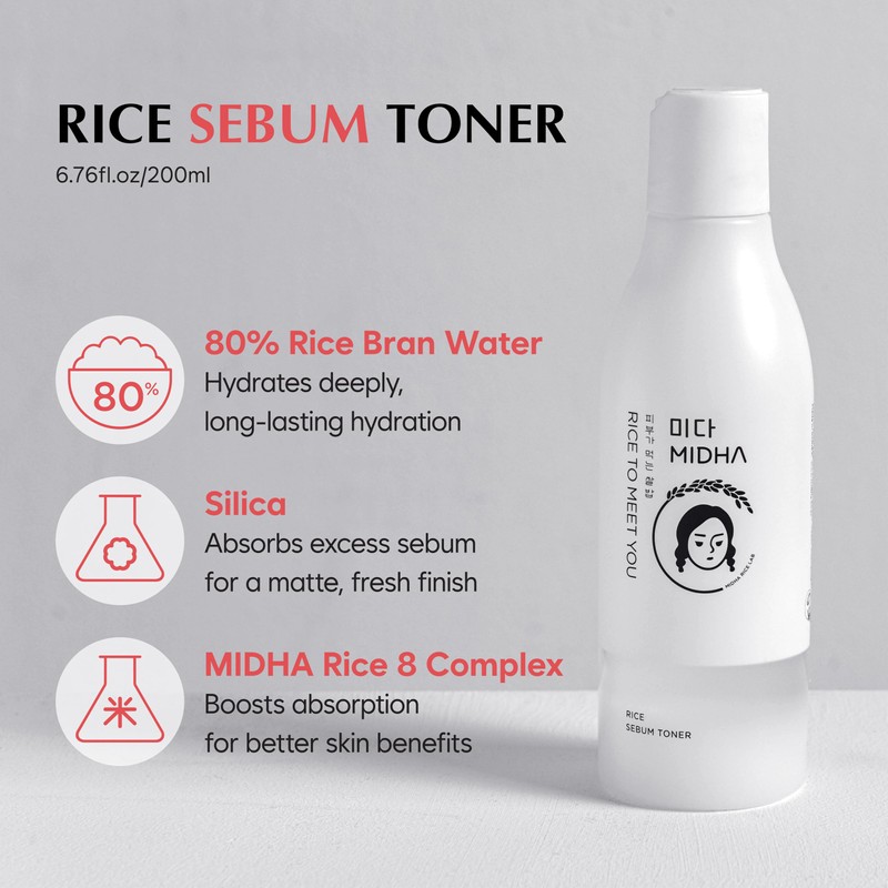 MIDHA Rice Sebum Toner,6.76fl.oz/200ml,Hydrating, Pore Refining, 80% Pure Rice bran