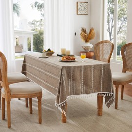 ZeeMart Hemstitched Embroidery Striped Boho Tablecloth 60x120 Inch Cocoa Brown, Heavy Weight Farmhouse Burlap Linen Brown Tablecloth, Wrinkle Resistant Washable Table Cloth for Rectangle Table