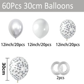 ZHOUHON Pack of 60 Silver Balloons, Confetti Balloons, White Balloons, Used for Baby Shower, Party, Decoration, Wedding, Anniversary, Graduation, Bridal Shower (Silver)