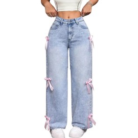 PEAINJ Baggy Jeans for Women Teen Girls Bow Cute Denim Jeans High Waisted Straight Leg Pants Aesthetic Scene Clothes Blue-XS