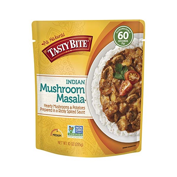 Tasty Bite Indian Entree Mushroom Masala 10 Ounce, Fully Cooked Indian Entrée with Mushrooms & Potatoes in a Richly Spiced Sauce, Vegan, Gluten Free, Microwaveable, Ready to Eat