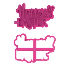 LissieLou Happy Easter Style 2 with Rabbit Cookie Cutter and Stamp Easter Icing Stamp Fondant Embosser - Light Pink