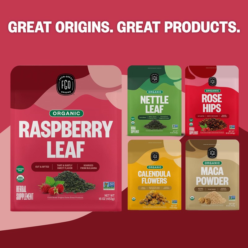 FGO Organic Red Raspberry Loose Leaf Herbal Tea, Cut and