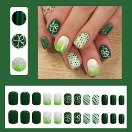 SHUXILIN 24Pcs St Patricks Day Press on Nails Short Square Green French Fake Nails with Glitter Shamrocks Designs Stick on Nails Polka Dots Full Cover Acrylic False Nails for Women Girls Manicure Accessories