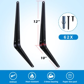 HEART ART 10 Pack Shelf Bracket 12 Inch ,Heavy Duty Shelf Brackets,Floating Shelf Bracket L Brackets,Metal Shelf Brackets for Wall, 12”L x 10”H x1.8”W