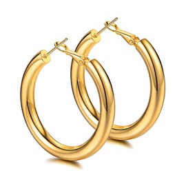 LUXSTAR Women's Hoop Earrings, Large, Thick, 0.2 inches (4 mm), Stainless Steel, Hypoallergenic to Metal, Both Ears, Stainless Steel, No Gemstone