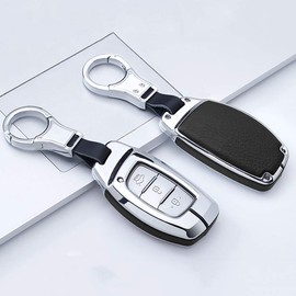 HIBEYO Car Key Case for Hyundai Smart Remote Keyless Leather Protective Case for Hyundai Kona i10 i30 IX35 ioniq Tucson Santa Elantra Key Box Keychain Silver Black