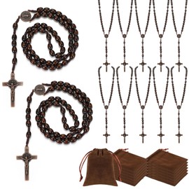 Equsion 12 Set Wooden Bead Rosary Necklace Catholic Rosary Wood Carved Beads with Jesus Cross Our Father Solid Wooden Rosary Beads with Velour Gift Pouch Baptism Favors Catholic Gift (Dark Coffee)