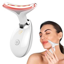 3-Color LED Skin Beauty and Facial Massage Device for Face and Neck Care, Vibration Neck Relaxation Skin Tool, Rechargeable - Color: White