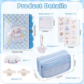 YFDSXKMZ Cinnamorol Pencil Case with Notebooks, Pens, Kawaii Pencil Case, Stationery Bag, Large, with Dolls, Keyrings, Sticky Notes, Brooch, Stickers, 8 Pieces