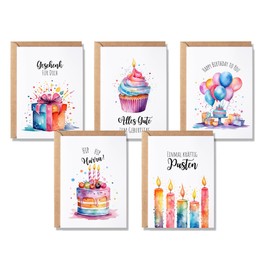5 Greeting Cards with Envelopes, Watercolour Birthday Cards in Watercolour Design, Colourful Set with Folding Cards and Kraft Paper Envelopes, Birthday Greetings for Children and Adults