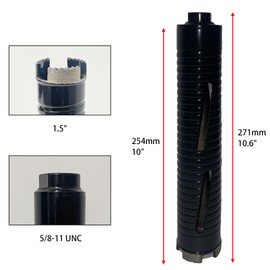 1 1/2 inch Dry Core Drill Bit 10in/254mm Drilling Depth， 5/8-11" Thread，10mm Diamond Segment Height，2 Adapters