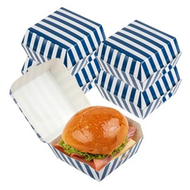 Restaurantware 2.8 x 2.8 x 2 Inch Mini Burger Boxes 100 Clamshell Food Containers - Hinged Lid Striped Blue And White Paper Take Out Boxes Serve Sliders Or Finger Foods