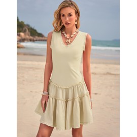 LUXVEER Womens Summer Mini Dresses Casual Ruffle Flowy Tiered Sleeveless Sundresses Swing A Line Drop Waist V Neck Short Dress Beach Vacation Sun Dress Beige