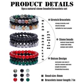 BOMAIL 9Pcs 8mm Natural Stone Beaded Bracelet Set for Men Women Semi-Precious Gemstone Beads Bracelets Matte Lava Rock Volcanic Tiger Eye Stone Yoga Healing Energy Crystal Stretch Bracelets Set