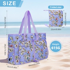 Fammio Multifunctional Women's Shopping Beach Bag, Large, Waterproof, with Zipper, Travel Bag, Purple flowers, Practical
