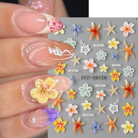 Floral Nail Art Stickers 3 Sheets 5D Embossed Self-Adhesive Nail Decals Flower Starfish Plumeria Hibiscus Designs Nail Decorations Summer DIY Manicure Supplies for Women Girls