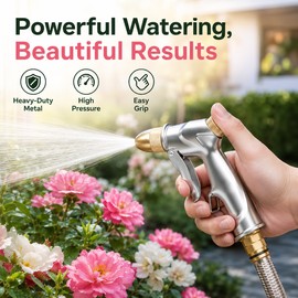 Heavy-Duty Metal Garden Hose Nozzle for Watering & Outdoor Cleaning – 4 Spray Pattern High Pressure Water Gun for Garden and Car Wash