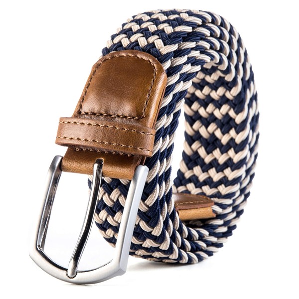 Weifert Men's Stretch Woven 1.3" Wide Elastic Braided Belts, Khaki+blue,