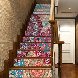 funlife 14PCS Boho Mandala Totem Peel and Stick Stair Riser Stickers, Self Adhesive Vinyl Staircase Decals Decor for Steps, 39.37''X7.08'' Multicolor Romany Floral