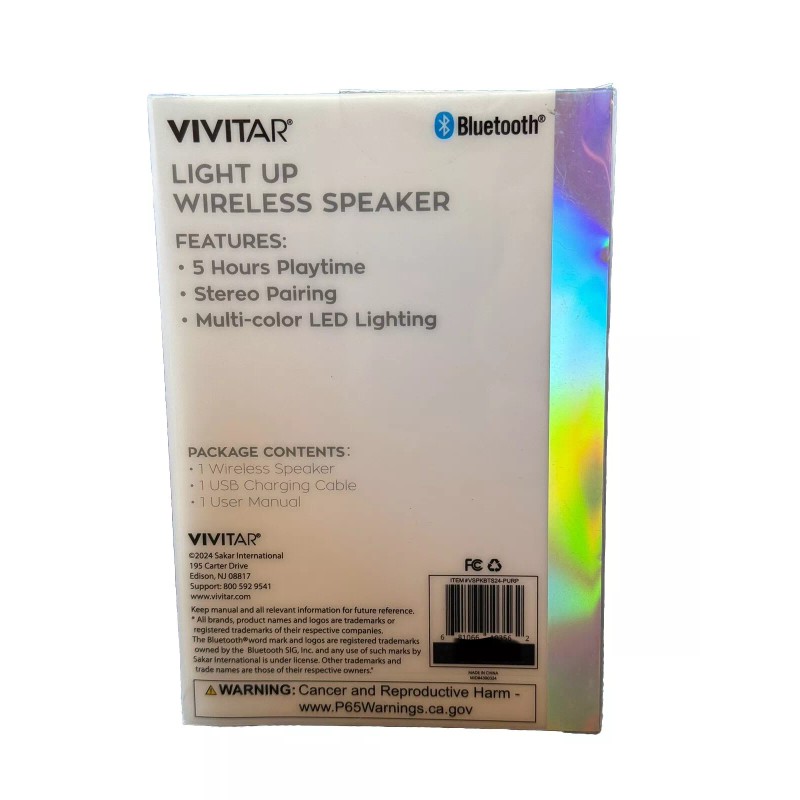 Vivitar Light Up LED Wireless Speaker Bluetooth New Rechargeable Purple