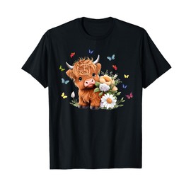 Cute Baby Highland Cow with Flowers Calf Animal Spring T-Shirt