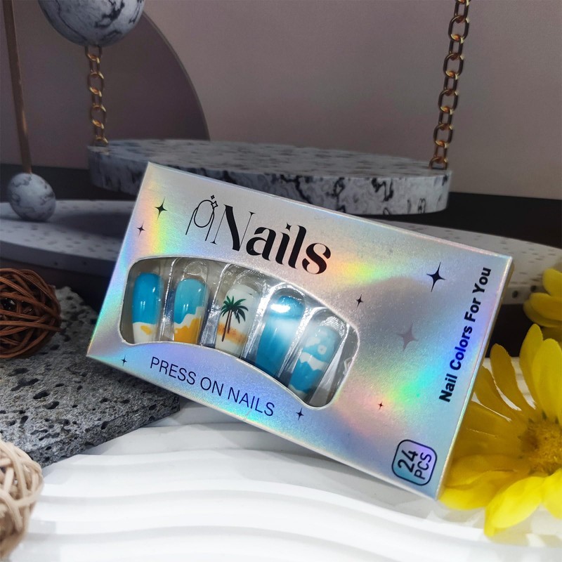 24Pcs Summer Sea Press on Nails Beach Acrylic Medium Coffin