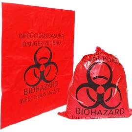 Daarcin 100 bolsas de basura de 42 x 51 cm, color rojo, con símbolo de peligro, desechables, para eliminación de residuos infecciosos