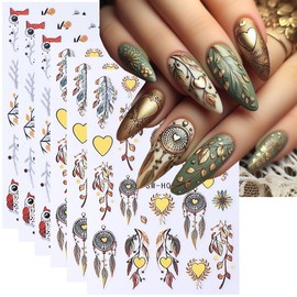 Fall Nail Art Stickers 3D Dreamcatcher Nail Stickers 6PCS Autumn Leaves Glitter Plant Cute Cartoon Owl 3D Self-Adhesive Nail Art Design Nail Decals for Acrylic Nails Fall Winter Manicure Decorations