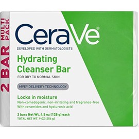 CeraVe Hydrating Cleanser Bar, Soap-Free Body and Facial Cleanser with 5% Moisturizing Cream, Fragrance-Free, 2-Pack, 4.5 Ounce Each