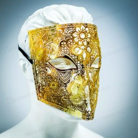 Masquerade Mens Metal Bauta Venetian Laser-Cut Filigree Metal Masquerade Mask [Gold]