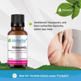 BIOHERBA Reines Teebaumöl - Ätherisches Öl, Körper, Gesicht & Haarpflege - Naturrein 10ml HOCHDOSIERT - Tea Tree Oil - Trägeröl verdünnen = 1:20/1:40 - Natürlich & Konzentriert, PZN 17950102