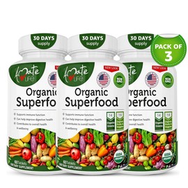 Organic Superfood Greens Fruits and Veggies Complex - Best Dietary Supplement with 14 Greens &14 Fruits & Vegetables with Alfalfa Rich in Antioxidants Organic Ingredients Non-GMO (180 Count Pack of 3)