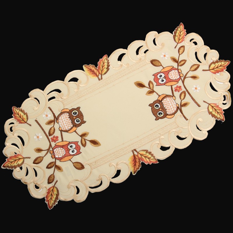 Owl Table Runner Tablecloth Linen Look Cream Beige Autumn Leaf